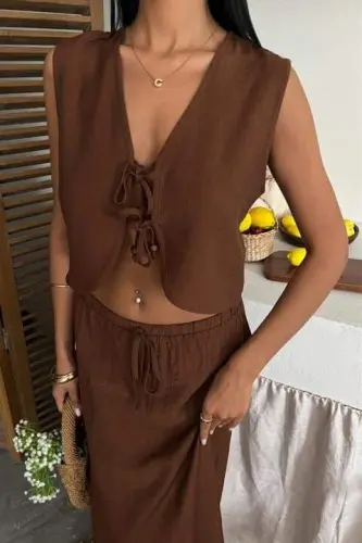 Vest Front Tie Long Skirt Suit 10192 - 3