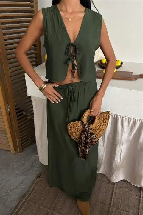 Vest Front Tie Long Skirt Suit 10192 - 6