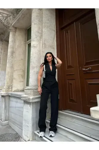 Vest Pants Pocketed Suit-BLACK - 1