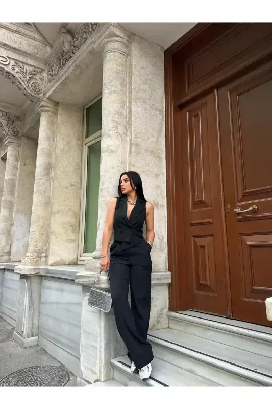 Vest Pants Pocketed Suit-BLACK - 3