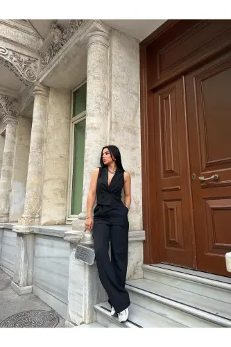 Vest Pants Pocketed Suit-BLACK - 4