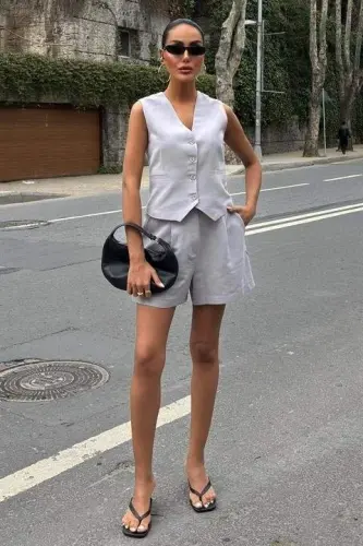 Vest Shorts Flamed Linen Set 10133-17 - 2