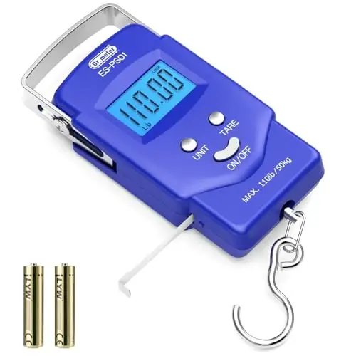 Весы для рыбы Dr.meter - PS01 110lb/50kg с подсветкой LCD дисплея, встроенной рулеткой - Весы для рыбалки с 2 батарейками AAA, карманный размер - Подарки для рыбалки для мужчин - 1