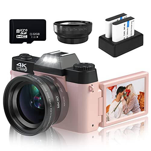 VETEK Digital Cameras for Photography, 4K 48MP Vlogging Camera 16X Digital Zoom Manual Focus Students Compact Camera with 52mm Wide-Angle Lens & Macro Lens, 32G Micro Card and 2 Batteries (Pink) - 1