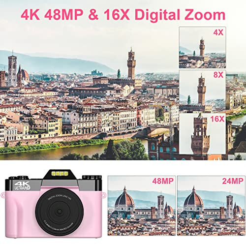 VETEK Digital Cameras for Photography, 4K 48MP Vlogging Camera 16X Digital Zoom Manual Focus Students Compact Camera with 52mm Wide-Angle Lens & Macro Lens, 32G Micro Card and 2 Batteries (Pink) - 2