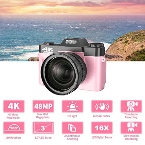 VETEK Digital Cameras for Photography, 4K 48MP Vlogging Camera 16X Digital Zoom Manual Focus Students Compact Camera with 52mm Wide-Angle Lens & Macro Lens, 32G Micro Card and 2 Batteries (Pink) - 3