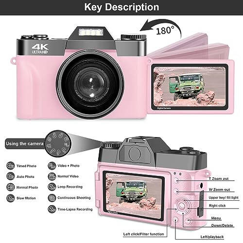 VETEK Digital Cameras for Photography, 4K 48MP Vlogging Camera 16X Digital Zoom Manual Focus Students Compact Camera with 52mm Wide-Angle Lens & Macro Lens, 32G Micro Card and 2 Batteries (Pink) - 4