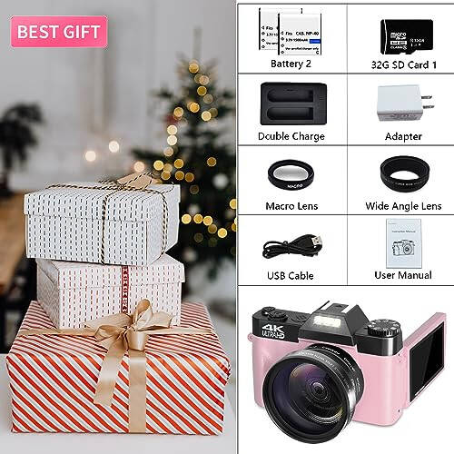 VETEK Digital Cameras for Photography, 4K 48MP Vlogging Camera 16X Digital Zoom Manual Focus Students Compact Camera with 52mm Wide-Angle Lens & Macro Lens, 32G Micro Card and 2 Batteries (Pink) - 5