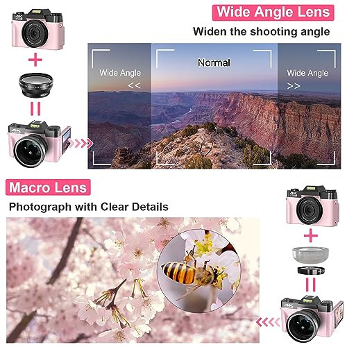 VETEK Digital Cameras for Photography, 4K 48MP Vlogging Camera 16X Digital Zoom Manual Focus Students Compact Camera with 52mm Wide-Angle Lens & Macro Lens, 32G Micro Card and 2 Batteries (Pink) - 6