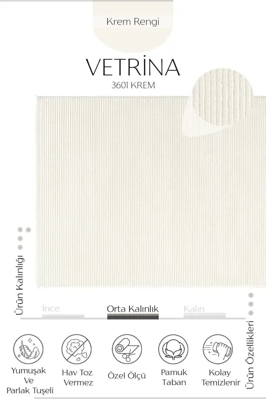 Vetrina 3601 Krem Yumuşak Dokulu Halı Kilim Salon Mutfak Koridor Kesme Yolluk Dokuma Makine Halısı - Krem - 3