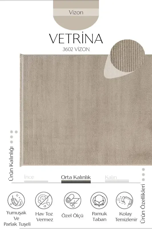 Vetrina 3602 Vizon Yumuşak Dokulu Halı Kilim Salon Mutfak Koridor Kesme Yolluk Dokuma Makine Halısı-Vizon - 7