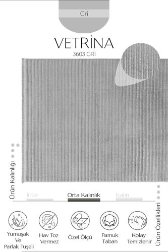 Vetrina 3603 Gri Yumuşak Dokulu Halı Kilim Salon Mutfak Koridor Kesme Yolluk Dokuma Makine Halısı - Gri - 11