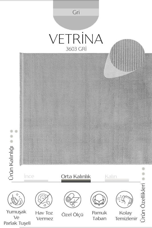 Vetrina 3603 Gri Yumuşak Dokulu Halı Kilim Salon Mutfak Koridor Kesme Yolluk Dokuma Makine Halısı - Gri - 11