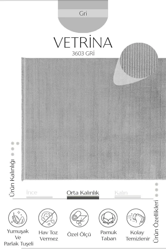 Vetrina 3603 Gri Yumuşak Dokulu Halı Kilim Salon Mutfak Koridor Kesme Yolluk Dokuma Makine Halısı - Gri - 4