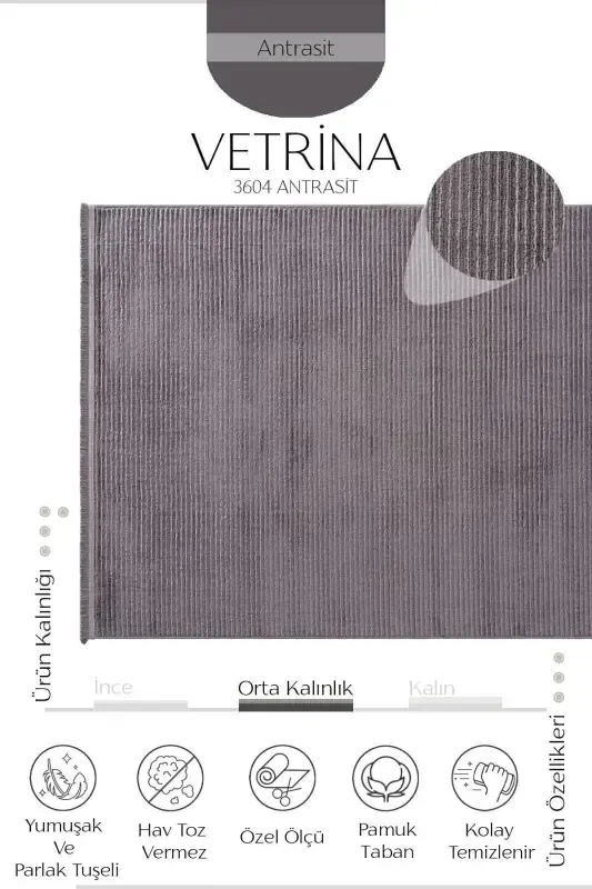 Vetrina 3604 Antratsit Yumshoq Doku Gilam Kilim Salon Oshxona Koridor Kesma Yo'lak To'quv Mashina Gilami-Antratsit - 3