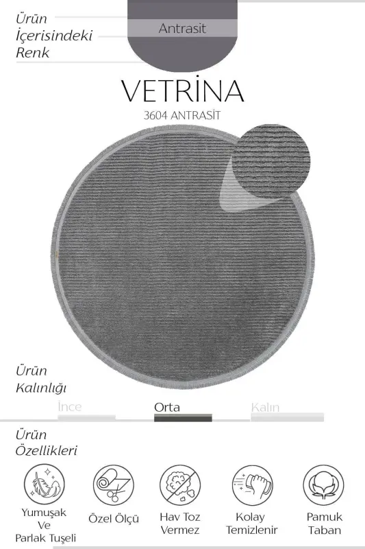Vetrina 3604 Antratsit Yumshoq Gilam Kilim Salon Oshxona Koridor Kesma Yo'lak Dumaloq Mashina Gilami-Antratsit - 3