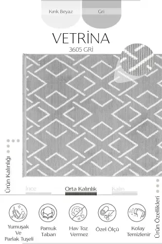 Vetrina 3605 Gray Soft Touch Carpet Rug Living Room Kitchen Hallway Cut Runner Woven Machine Carpet-Gray 2 - 3