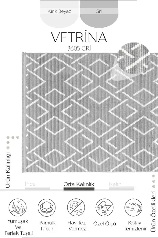 Vetrina 3605 Gray Soft Touch Carpet Rug Living Room Kitchen Hallway Cut Runner Woven Machine Carpet-Gray 2 - 3