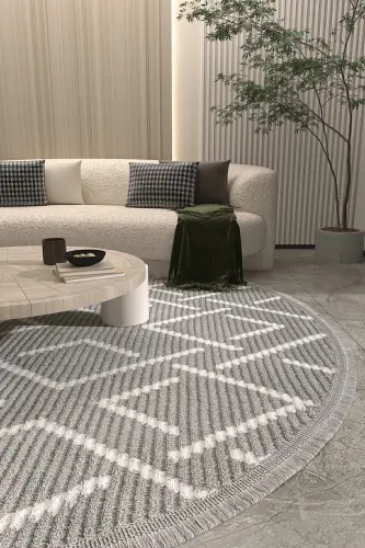 Vetrina 3605 Gri Yumuşak Doku Halı Kilim Salon Mutfak Koridor Kesme Yolluk Yuvarlak Makine Halısı - Gri 1 - 2