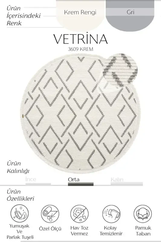 Vetrina 3609 Cream Soft Texture Rug Kilim Living Room Kitchen Corridor Cut Runner Round Machine Carpet-Cream 1 - 3