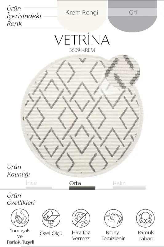 Vetrina 3609 Krem Yumshoq Doku Gilam Kilim Salon Oshxona Koridor Kesma Yo'lak Dumaloq Mashina Gilami-Krem 1 - 3