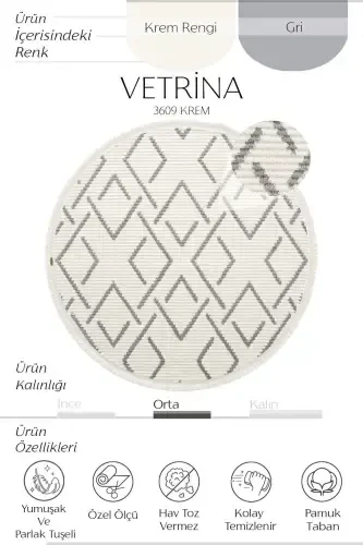 Vetrina 3609 Krem Yumshoq Doku Gilam Kilim Salon Oshxona Koridor Kesma Yo'lak Dumaloq Mashina Gilami-Krem 1 - 3