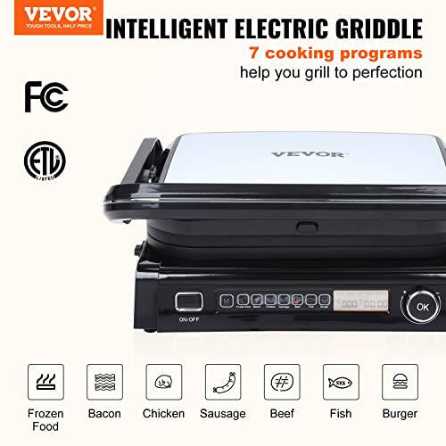 VEVOR 7 IN 1 Electric Contact Grill,1800W Indoor Panini Press Griddle,Stainless Steel Teppanyaki Grill with Nonstick&Removable Iron Plate, 0-446℉ Adjustable Temp Control,LCD Display,110V - 2