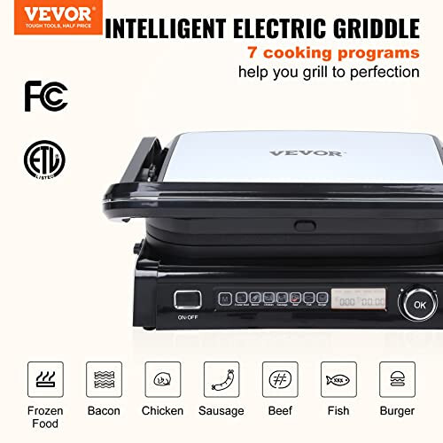 VEVOR 7'si 1 Arada Elektrikli Izgara, 1800 W Kapalı Panini Pres Izgarası, Yapışmaz ve Çıkarılabilir Izgara Plakalı Paslanmaz Çelik Teppanyaki Izgarası, 0-230℃ Ayarlanabilir Sıcaklık Kontrolü, LCD Ekran, 110 V - 2