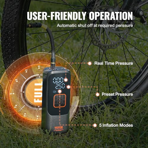 VEVOR Electric Bike Pump, 150PSI Tire Inflator Portable Air Compressor with Auto Shut-Off and LCD Screen, Electric Air Pump with Presta Schrader Valve for Motorcycle Bike Car Ball - 4