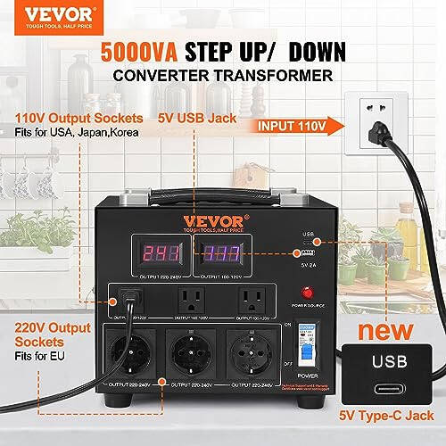 VEVOR Voltage Converter Transformer, 5000W, Heavy Duty Step Up/Down Transformer, Convert from 110 Volt to 220 Volt and from 220 Volt to 110 Volt, with US Outlet EU Outlet 5V USB Port, CE Certified - 2