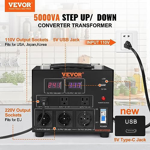 VEVOR Voltaj Dönüştürücü Trafo, 5000W, Ağır Hizmet Tipi Yukarı/Aşağı Trafo, 110 Volt'tan 220 Volt'a ve 220 Volt'tan 110 Volt'a Dönüştürme, ABD Prizi, AB Prizi ve 5V USB Bağlantısı ile, CE Sertifikalı - 2