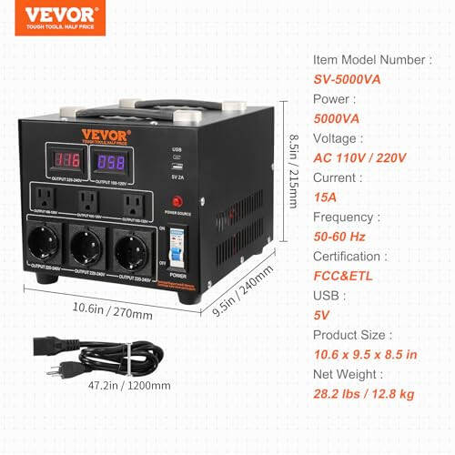 VEVOR Voltaj Dönüştürücü Trafo, 5000W, Ağır Hizmet Tipi Yukarı/Aşağı Trafo, 110 Volt'tan 220 Volt'a ve 220 Volt'tan 110 Volt'a Dönüştürme, ABD Prizi, AB Prizi ve 5V USB Bağlantısı ile, CE Sertifikalı - 7