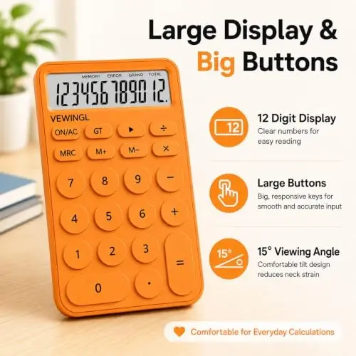 VEWINGL Basic Desktop Calculator, 12 Digit Large Display and Big Buttons | Modern Minimalist Design for School, Office, Home, and Everyday Use - VEWINGL (1)