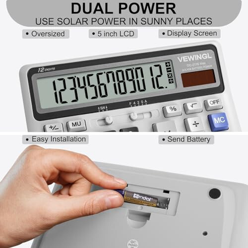 VEWINGL Desk Calculator 12 Digit, Large Computer Keys,Desktop Dual Power Battery and Solar, Calculator with Large LCD Display for Office,School, Home & Business Use,Automatic Sleep.7.6 * 6.4in - 3