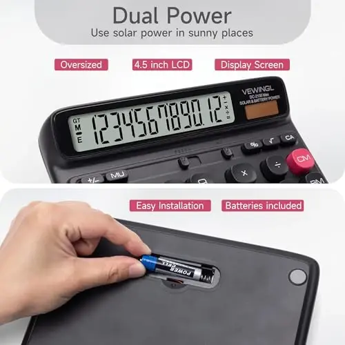 VEWINGL Desktop Calculator, 12-Digit Large LCD Display, Big Computer-Style Keys, Dual Power (Solar & Battery), Auto Sleep Mode, for Office, School, Home & Business 7.6″ x 6.4″ (Black, L) - 3