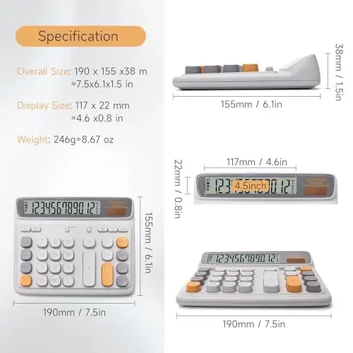 VEWINGL Desktop Calculator, 12 xonali katta LCD displey, katta kompyuter uslubidagi tugmalar, ikkilamchi quvvat (quyosh va batareya), avtomatik uyqu rejimi, ofis, maktab, uy va biznes uchun 7,5