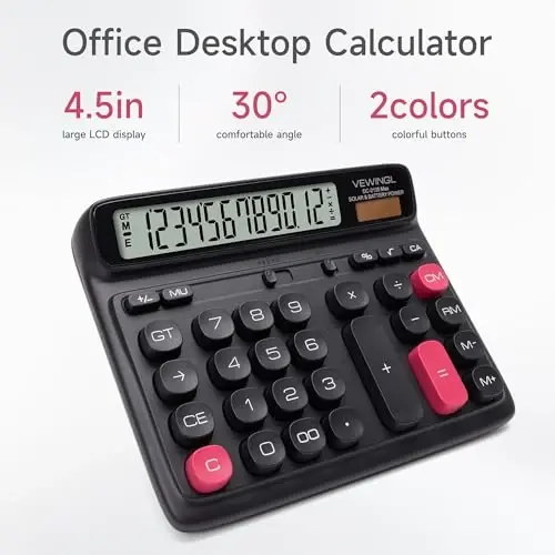 VEWINGL Desktop Calculator, 12-Digit Large LCD Display, Big Computer-Style Keys, Dual Power (Solar & Battery), Auto Sleep Mode, for Office, School, Home & Business 7.5″ x 6.1″ (Black, L) - Modazone (1)