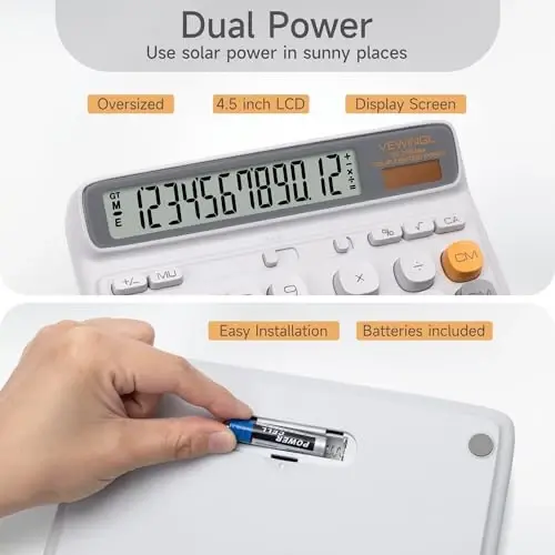 VEWINGL Desktop Calculator, 12-Digit Large LCD Display, Big Computer-Style Keys, Dual Power (Solar & Battery), Auto Sleep Mode, for Office, School, Home & Business 7.5″ x 6.1″ (Gray, L) - 3