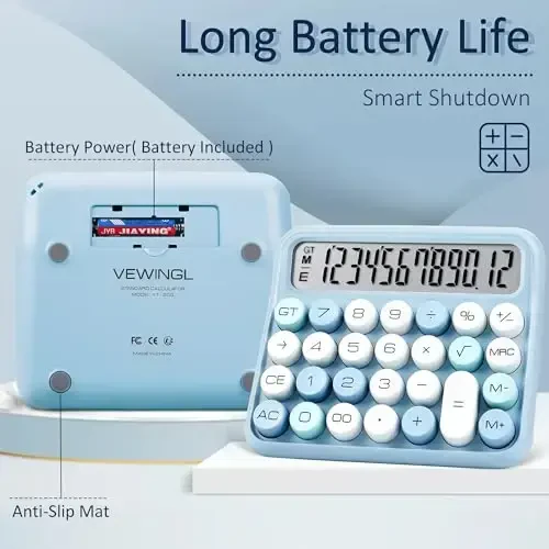 VEWINGL Mechanical Switch Calculator, 12 Digit Large LCD Display and Buttons, Great for Everyday Life and Basic Office Work, with Battery - 3