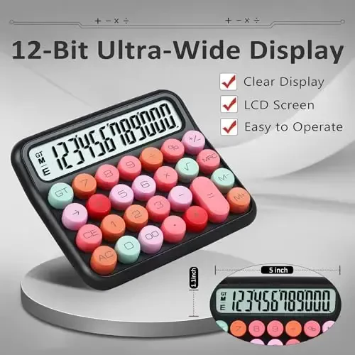 VEWINGL Mechanical Switch Calculator, 12 Digit Large LCD Display and Buttons, Great for Everyday Life and Basic Office Work, with Battery - 5