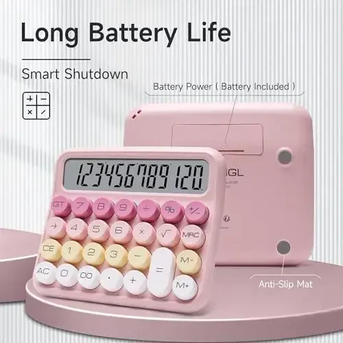 VEWINGL Mechanical Switch Calculator, 12 Digit Large LCD Display and Buttons, Great for Everyday Life and Basic Office Work, with Battery - 3