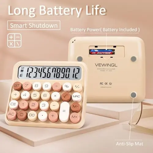 VEWINGL Mechanical Switch Calculator, 12 Digit Large LCD Display and Buttons, Great for Everyday Life and Basic Office Work, with Battery - 3