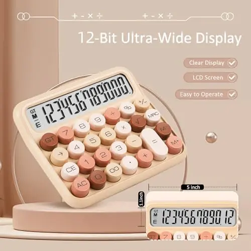 VEWINGL Mechanical Switch Calculator, 12 Digit Large LCD Display and Buttons, Great for Everyday Life and Basic Office Work, with Battery - 5