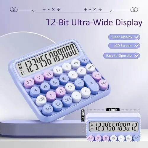 VEWINGL Mechanical Switch Calculator, 12 Digit Large LCD Display and Buttons, Great for Everyday Life and Basic Office Work, with Battery - 4