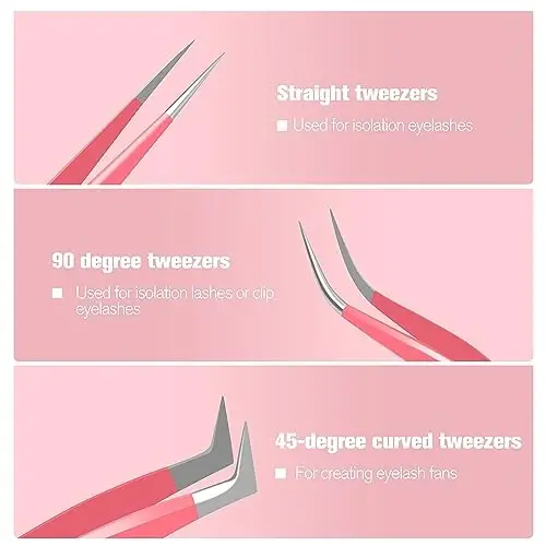VEYES INC Lash Tweezers for Eyelash Extensions,High Precision Tweezers Kit Contains Isolation,Curved and Volume Lash Tweezers (3pcs) Pink - 4