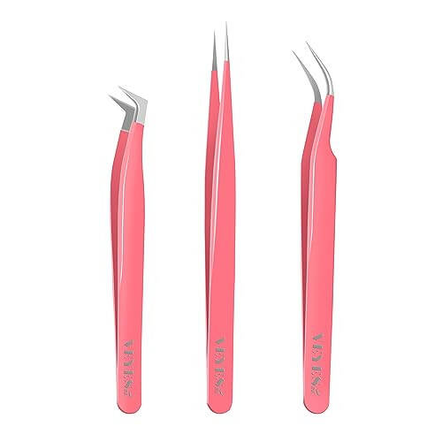 VEYES INC Lash Tweezers for Eyelash Extensions. Fiber Tip Tweezers Kit Contains Isolation,Curved and Volume Lash Tweezers (3pcs) Pink - 1