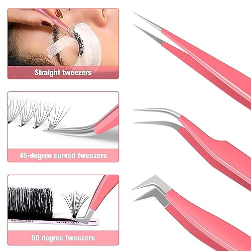 VEYES INC Lash Tweezers for Eyelash Extensions. Fiber Tip Tweezers Kit Contains Isolation,Curved and Volume Lash Tweezers (3pcs) Pink - 5