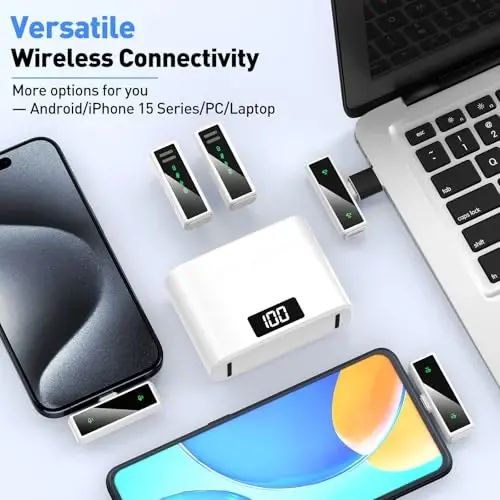 VEZQUA Беспроводной петличный микрофон для iPhone 15, Android, ПК, ноутбука, USB C Mini-микрофон с шумоподавлением, Mini Mic для видеозаписи, влогов, YouTube, TikTok (белый) - 5