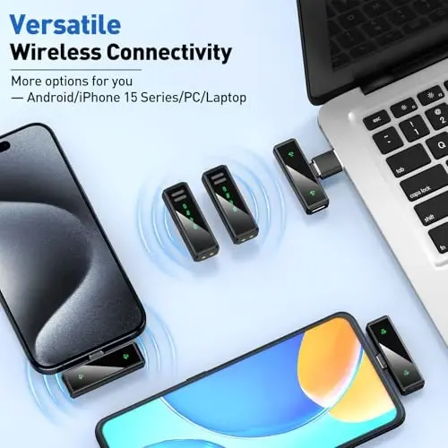 VEZQUA USB C simsiz Lavalier Mikrofoni Android, PC, Laptop, iPhone 15/16, Shovqinni yo'q qilish xususiyatli USB Mikrofon, Videoyozuv, Vlog, YouTube, TikTok uchun simsiz Lavalier Mikrofoni - 5