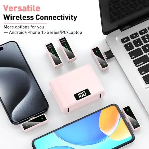 VEZQUA Wireless Lavalier Microphone for iPhone 15, Android, PC, Laptop, USB C Mini Microphone with Noise Cancellation, Mini Microphone for Video Recording, Vlog, YouTube, TikTok (Pink) - 5
